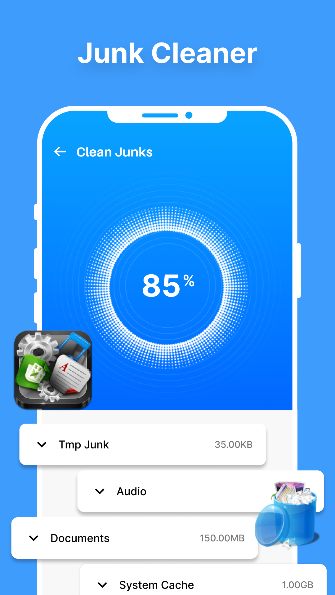 Junk file cleaner results showing cache files, APK files, and temporary files removed